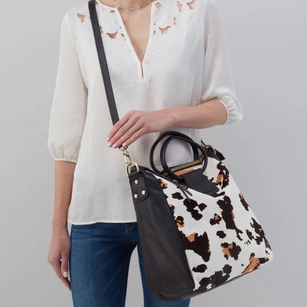 Hobo Sheila Large‎ Cow Print Hair-On Leather Satchel Crossbody, Brown/Black NWT